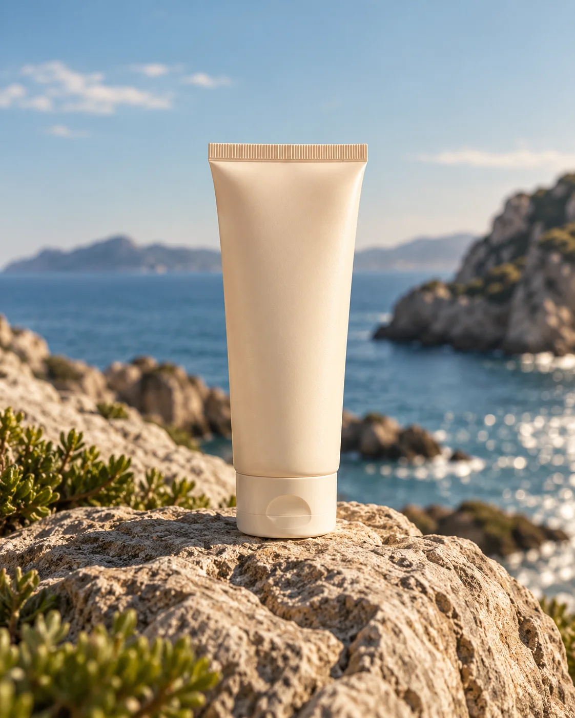 Product hero frame: the sunscreen tube shot close up on coastal rock