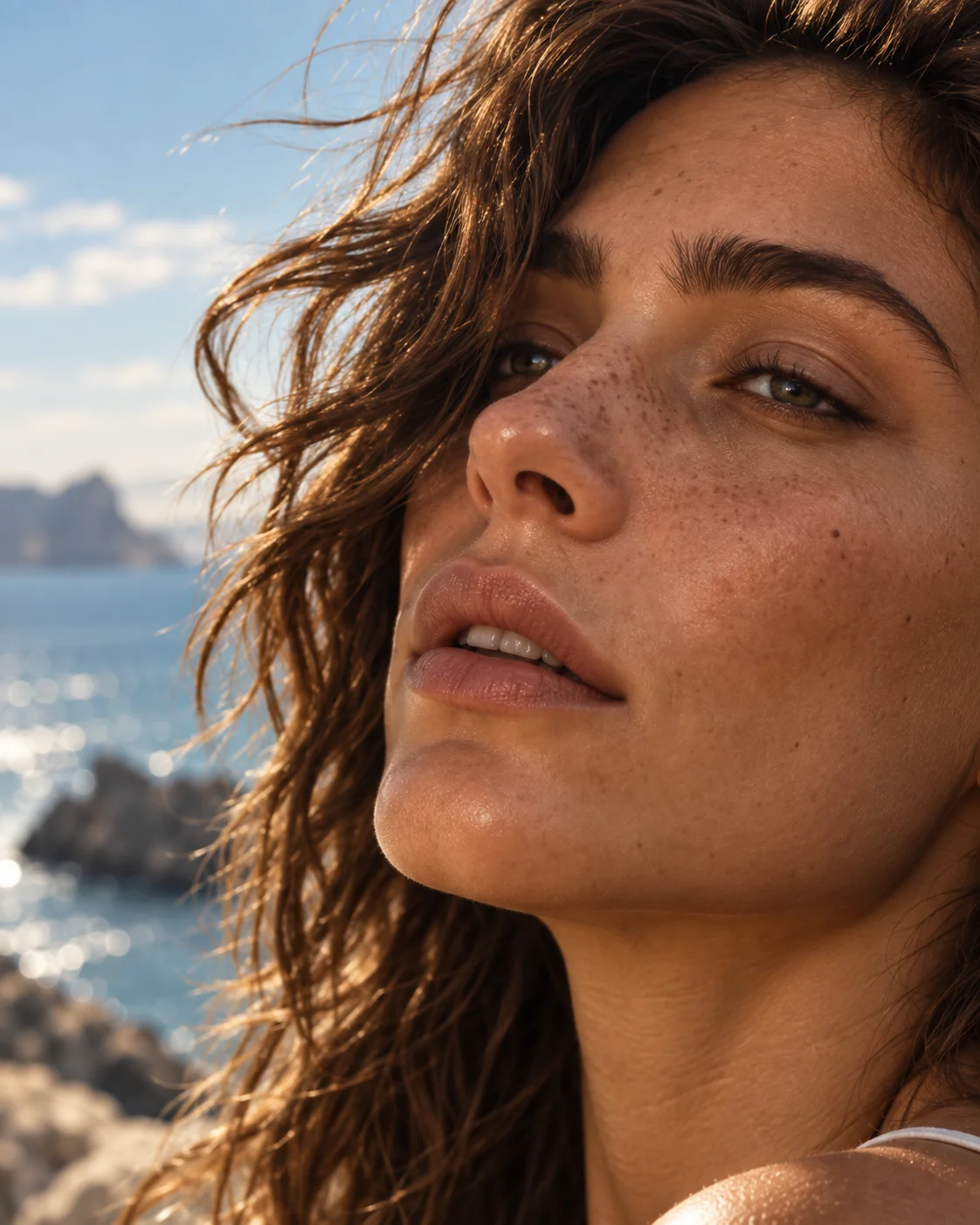 Close-up shot of a face with water on the skin
