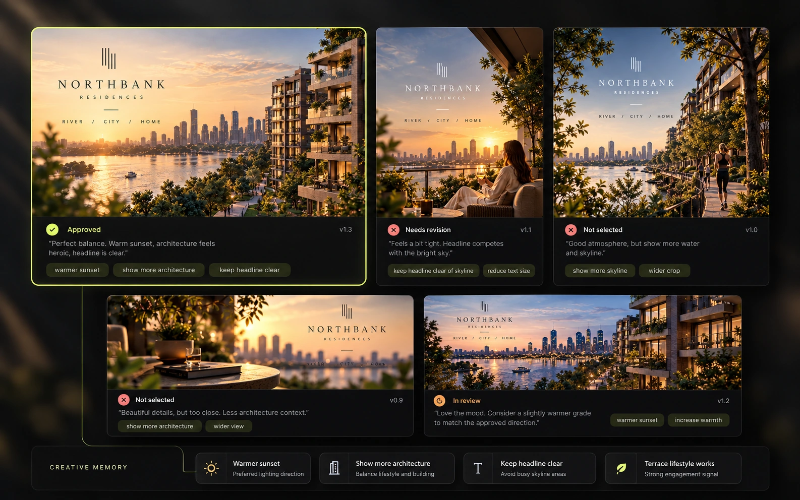 Illustrative Creative Memory view showing approval history and the feedback attached to each decision.