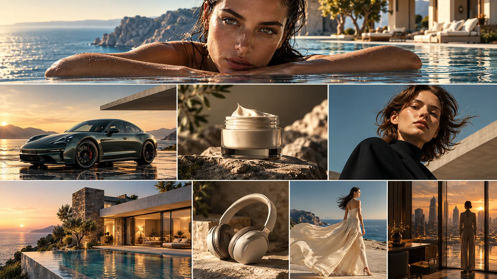 A golden hour luxury lifestyle campaign collage directed by people