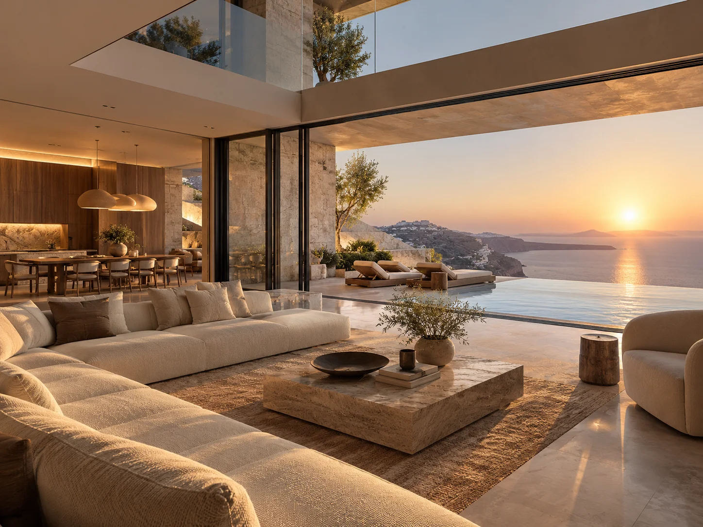 A coastal villa development presented as a sunset campaign visual