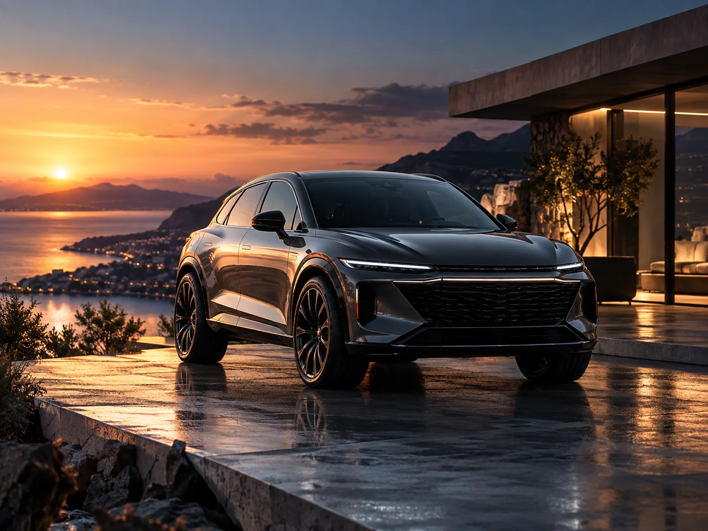 A luxury crossover photographed against a sunset landscape