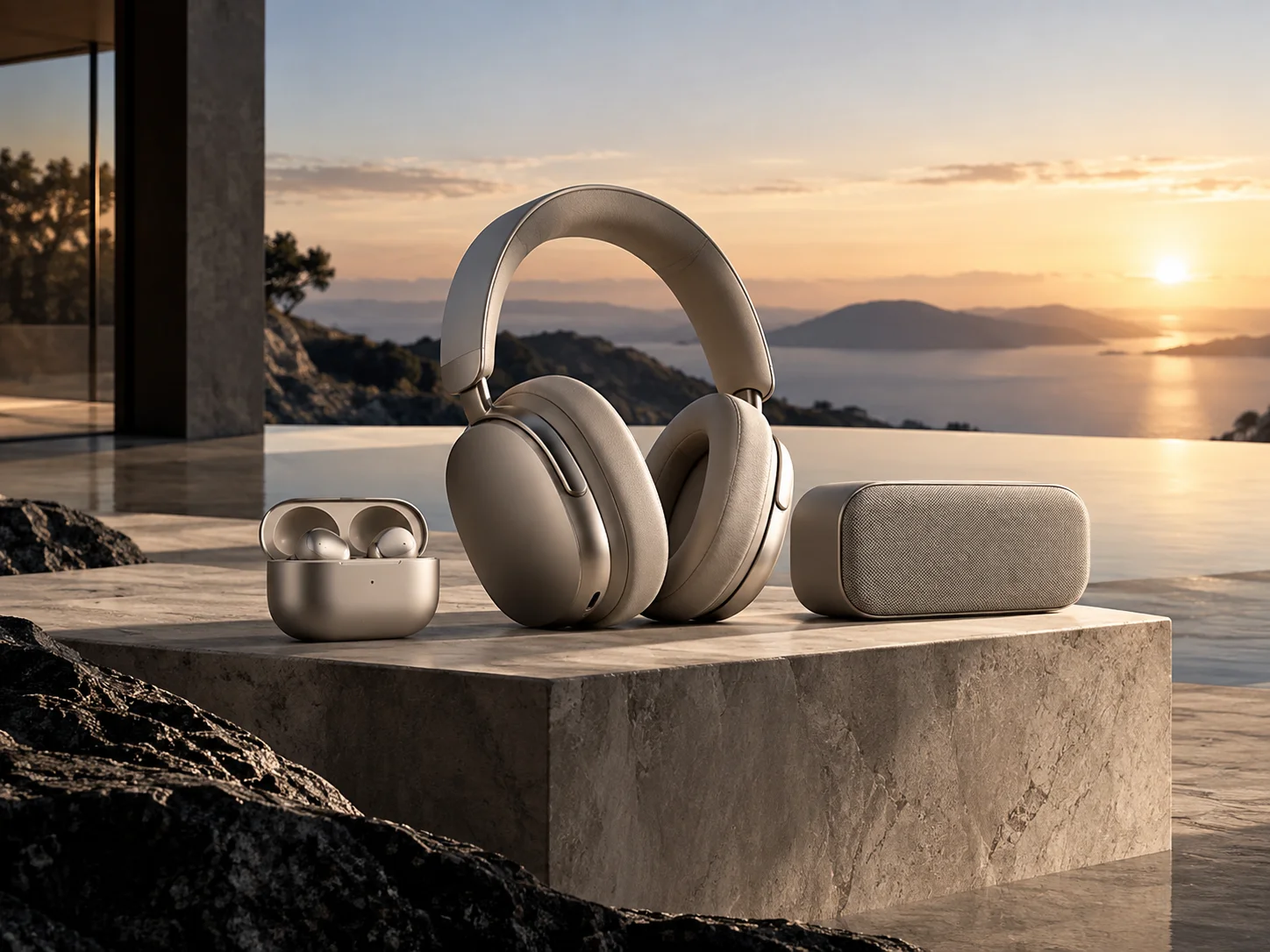 A premium audio product lit against a sunset background