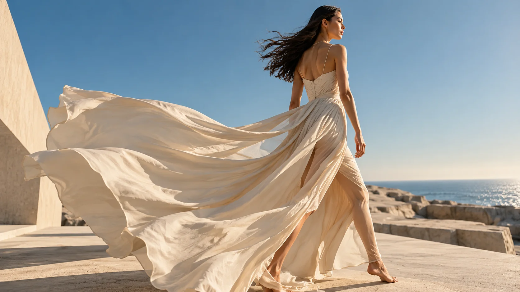 A flowing dress photographed against an ocean horizon