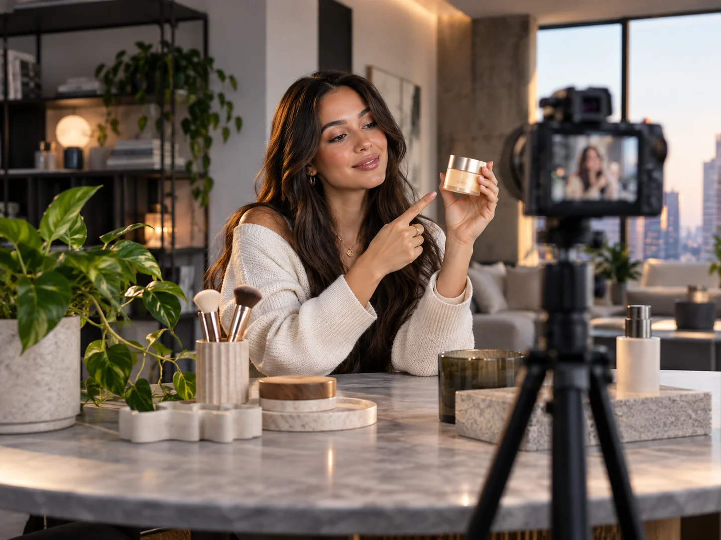 A beauty creator presenting a product review for social video