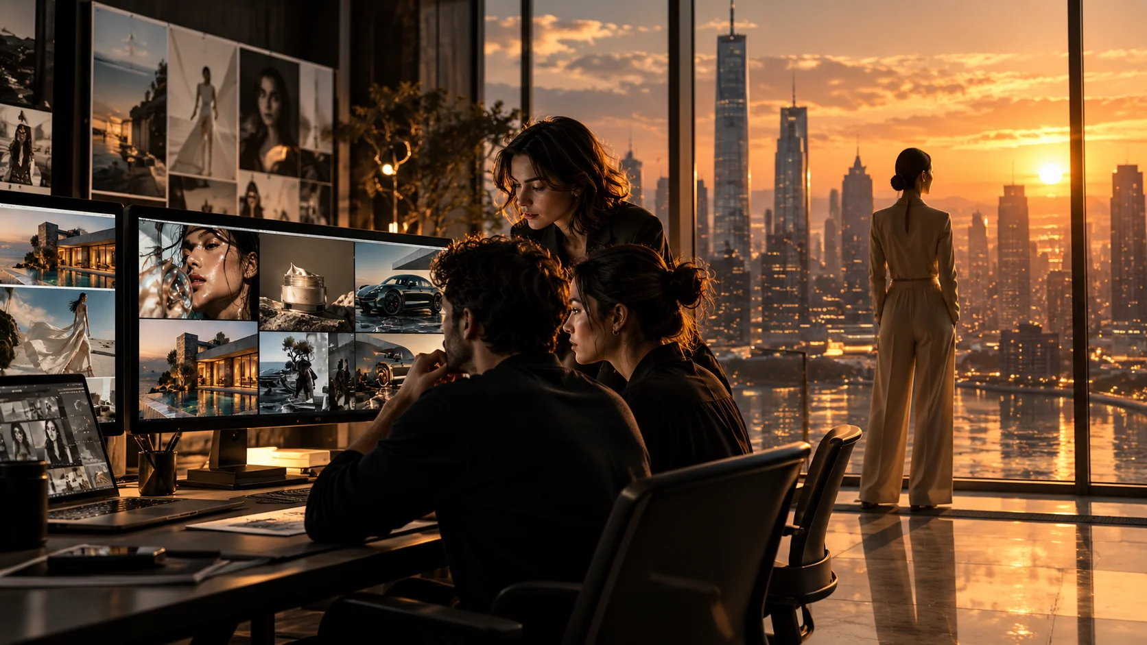 A creative studio working on campaign production at golden hour