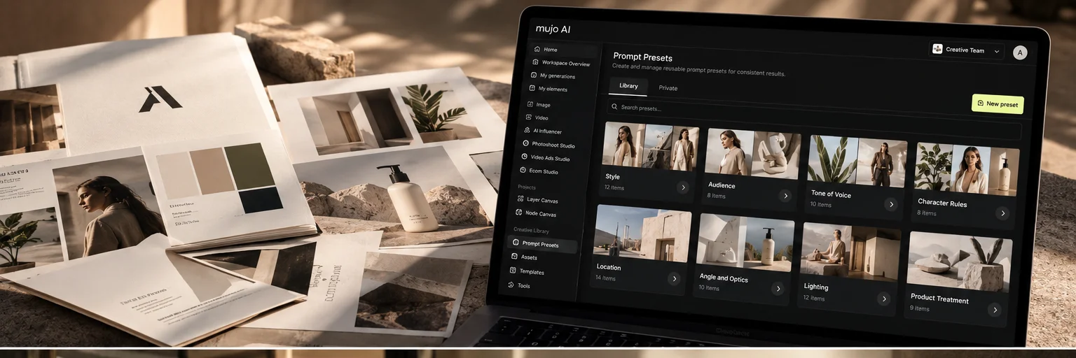 Brand guidelines translated into structured production context and reusable prompt presets