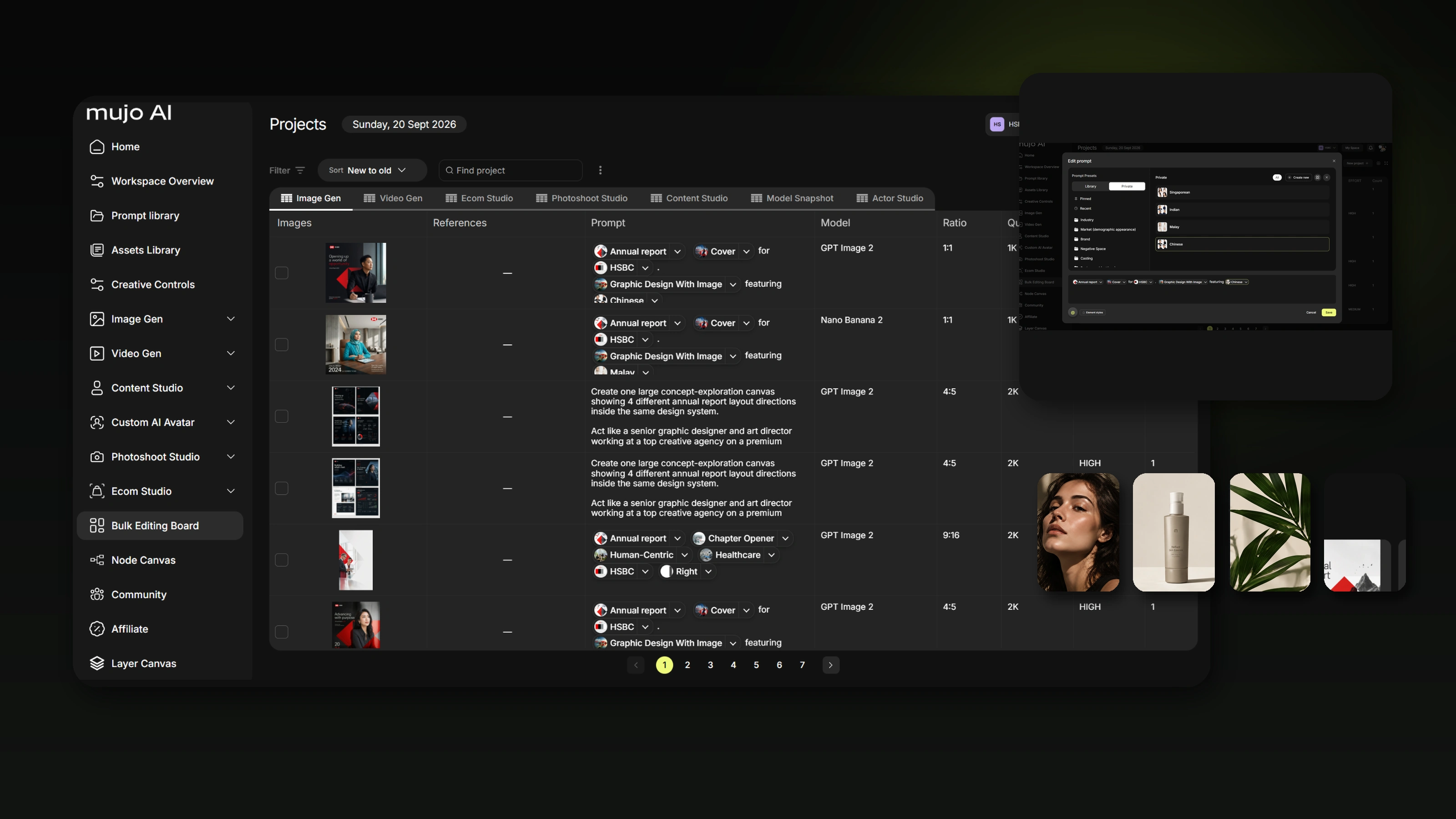 A dark bulk production table with a preview panel beside it and generated thumbnails below