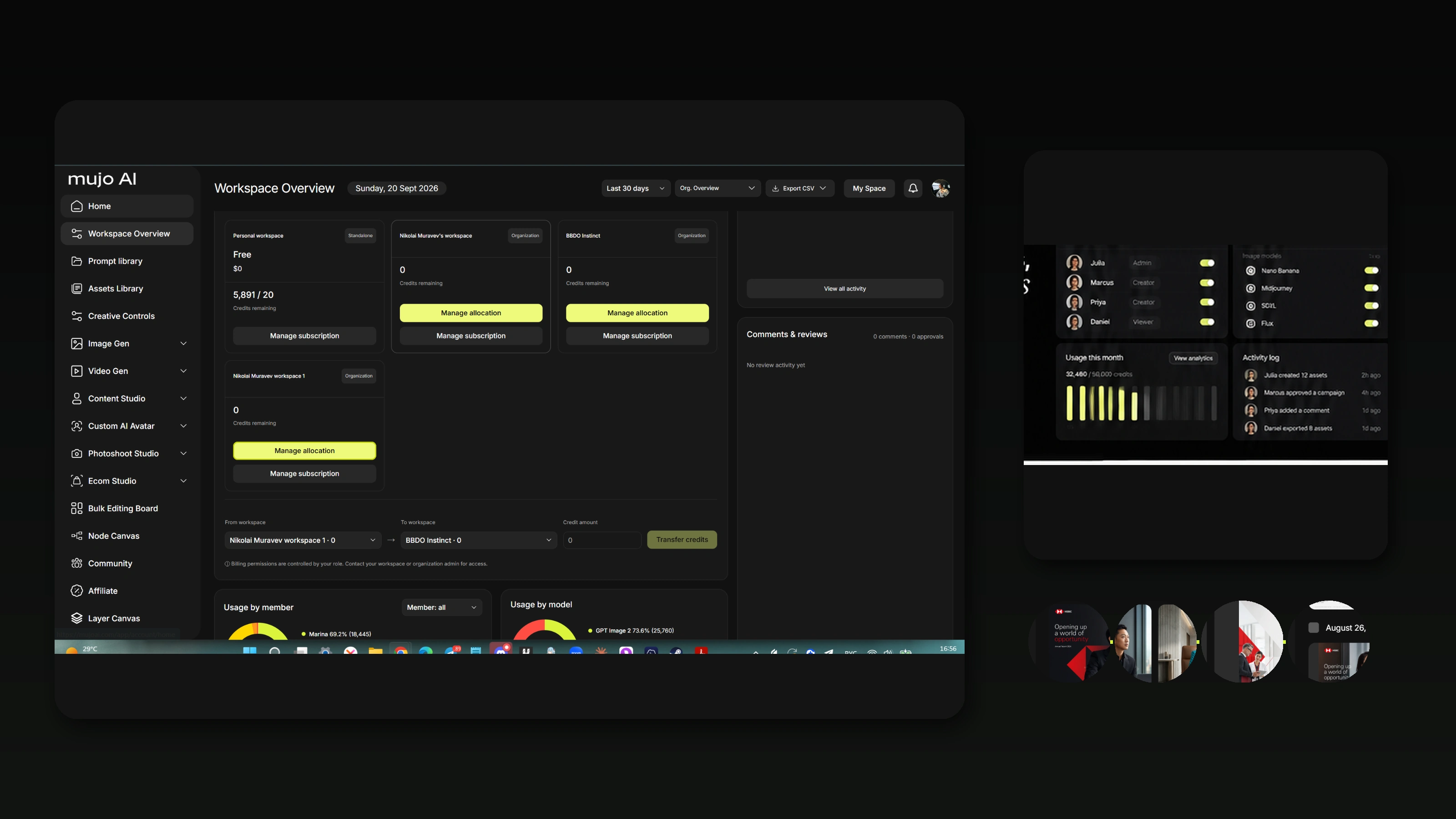 A production dashboard showing team activity, usage and output across a large run