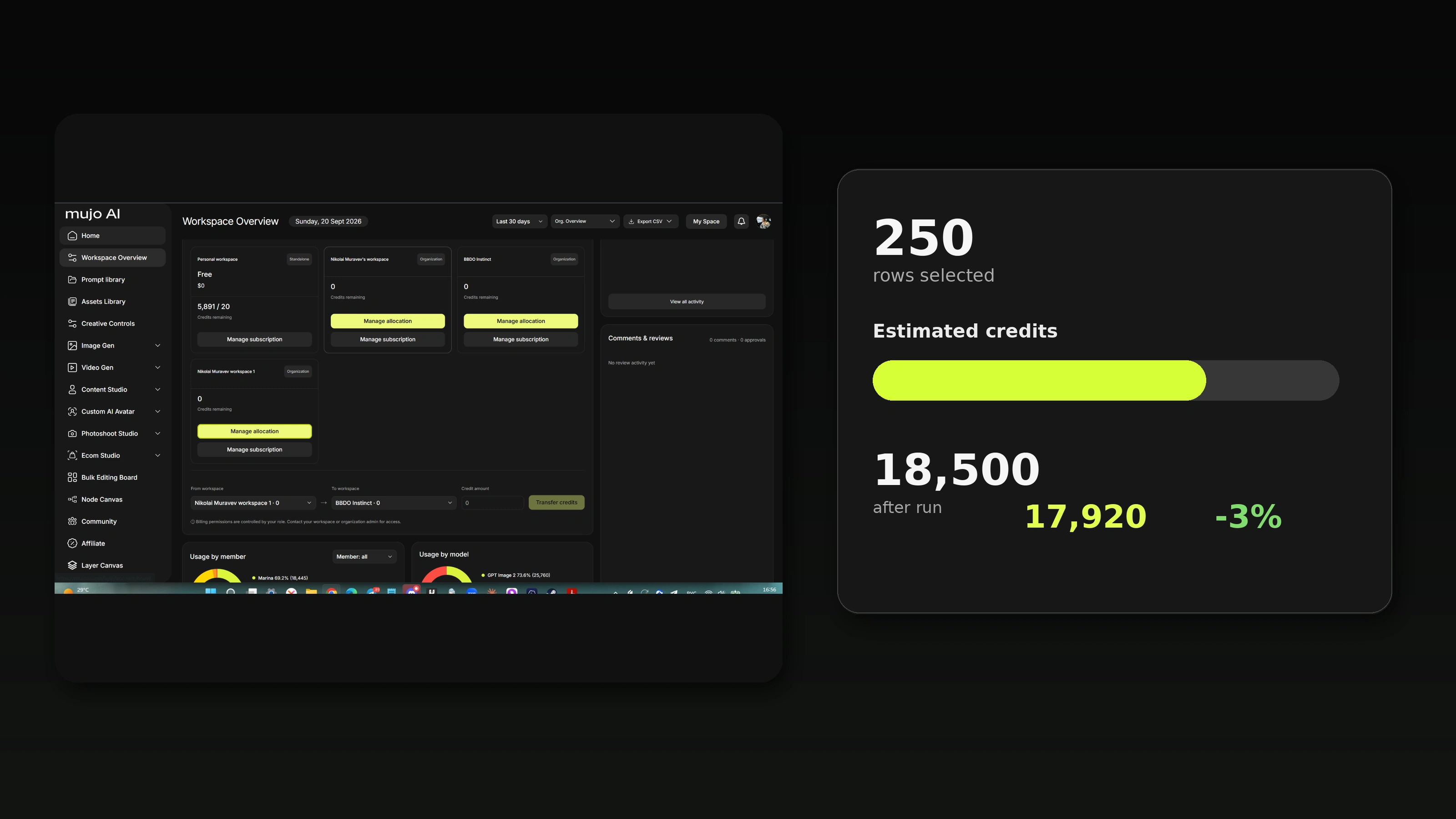 Credit counters and a usage bar showing what a run has cost