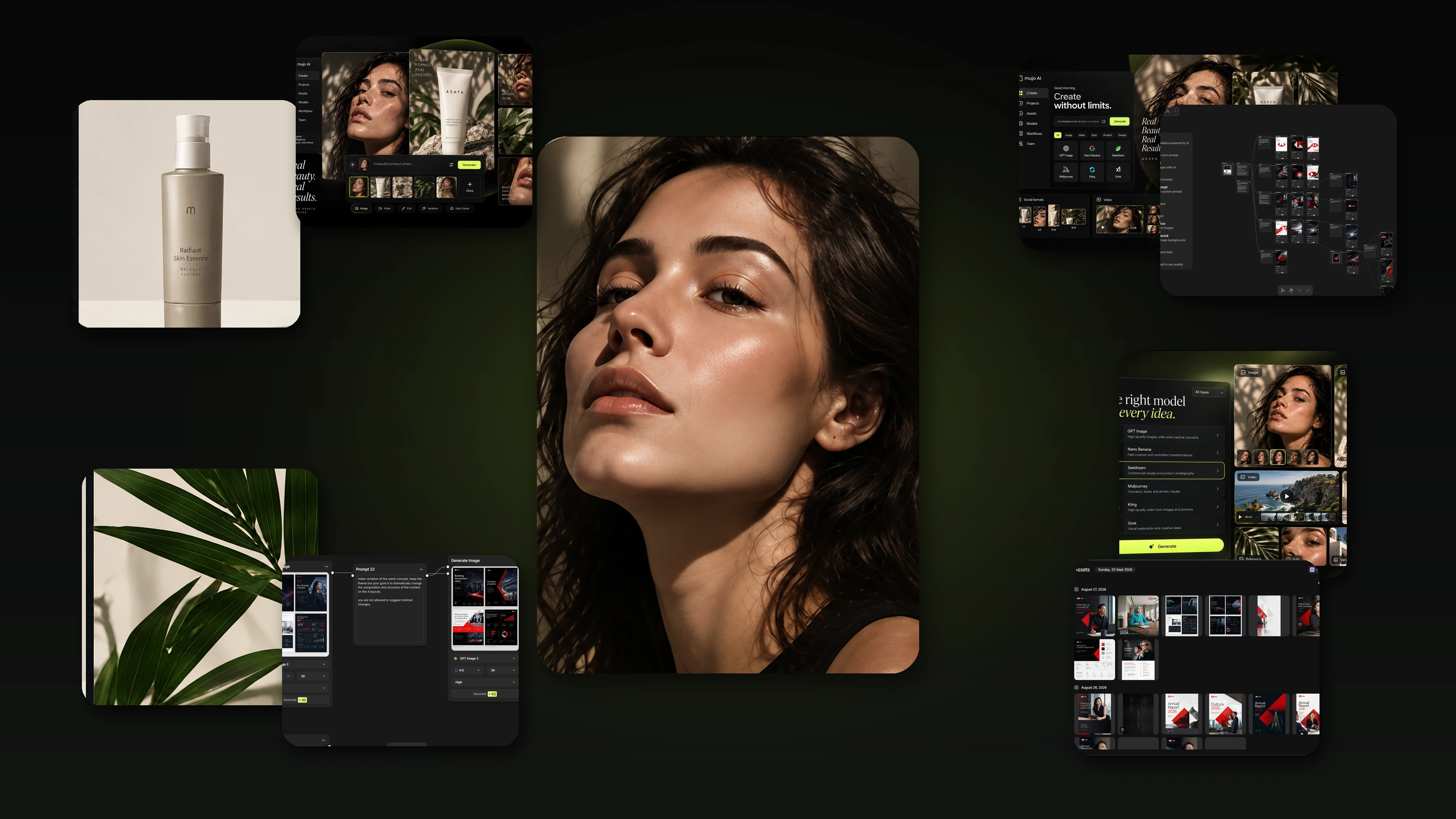 A collage of product shots, portraits and production panels from one system