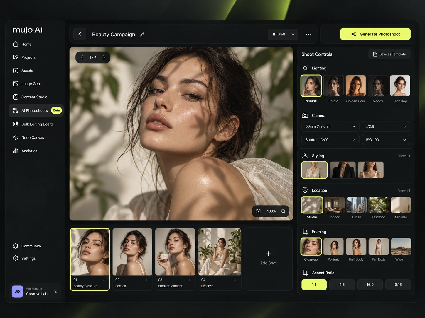 Mujo photoshoot workspace with creative controls, product reference and shoot preview