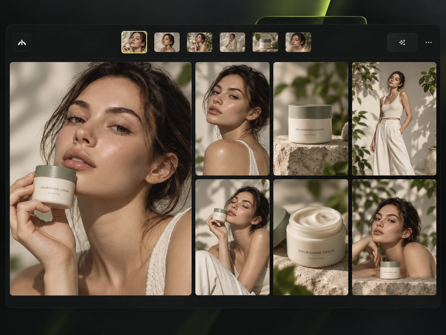 An editorial image series from one AI photoshoot, shown as a contact sheet