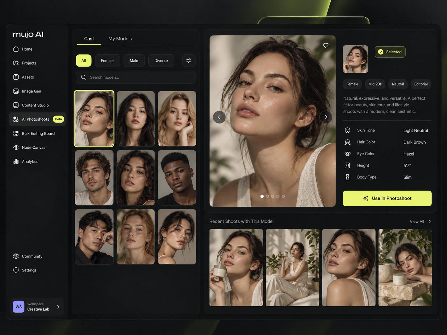A casting panel of AI model options beside the resulting photoshoot frames