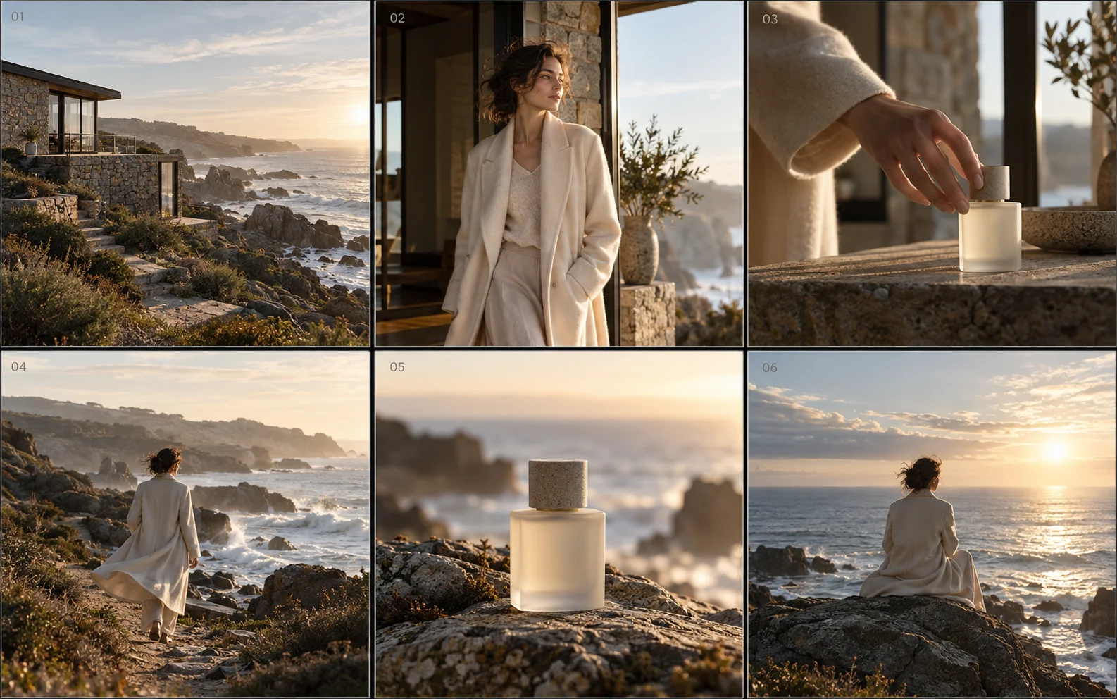 A creative brief developing into a six-scene storyboard for a coastal brand film