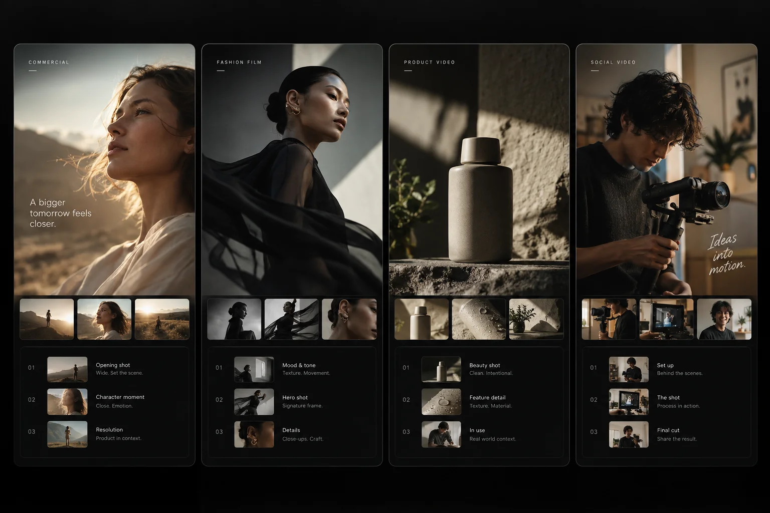 A six-shot storyboard for a coastal brand film, shown as a single sequence