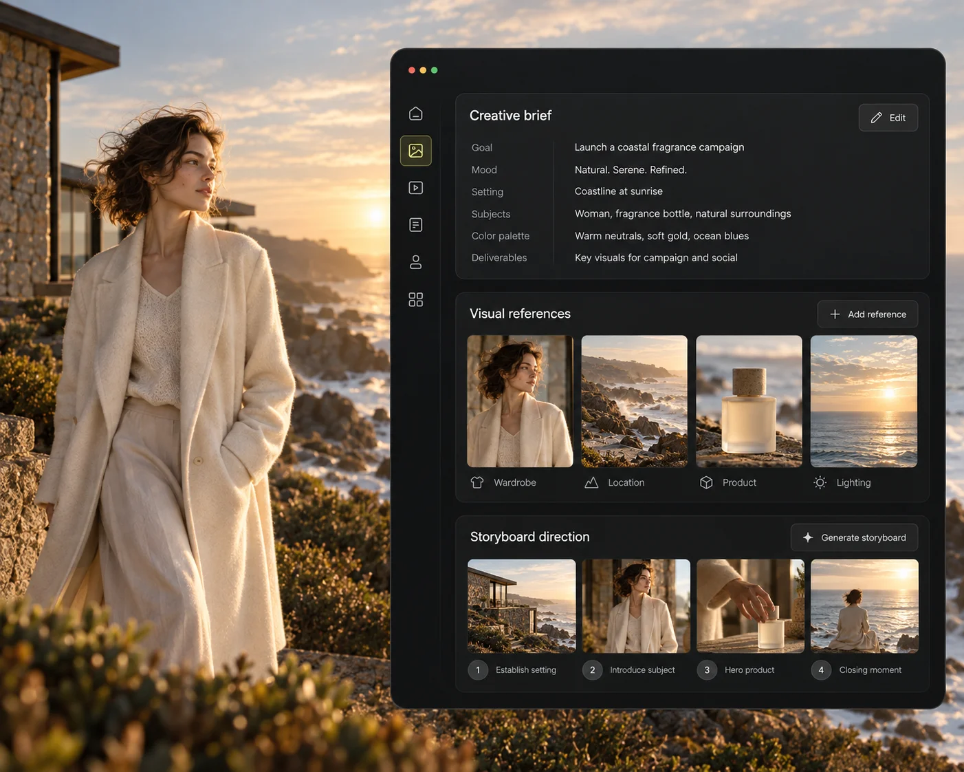 A creative brief laid out with mood, location, casting and product reference images