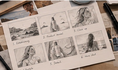Hand-drawn paper storyboard sketch of a six-shot sequence