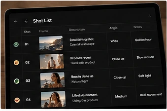 Shot list with frame thumbnails, descriptions, camera angles and notes