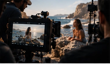 On-set monitor showing a previsualization frame next to the live scene