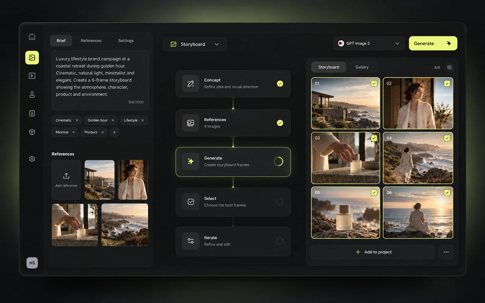 Storyboard generation settings with aspect ratio, frame count, visual style and reference images