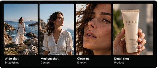 Camera composition and shot types laid out side by side