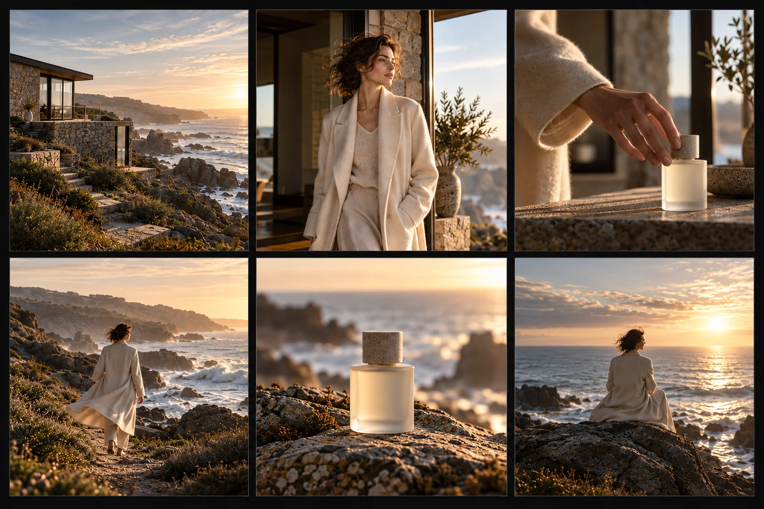 A six-frame storyboard sequence for a fragrance brand film