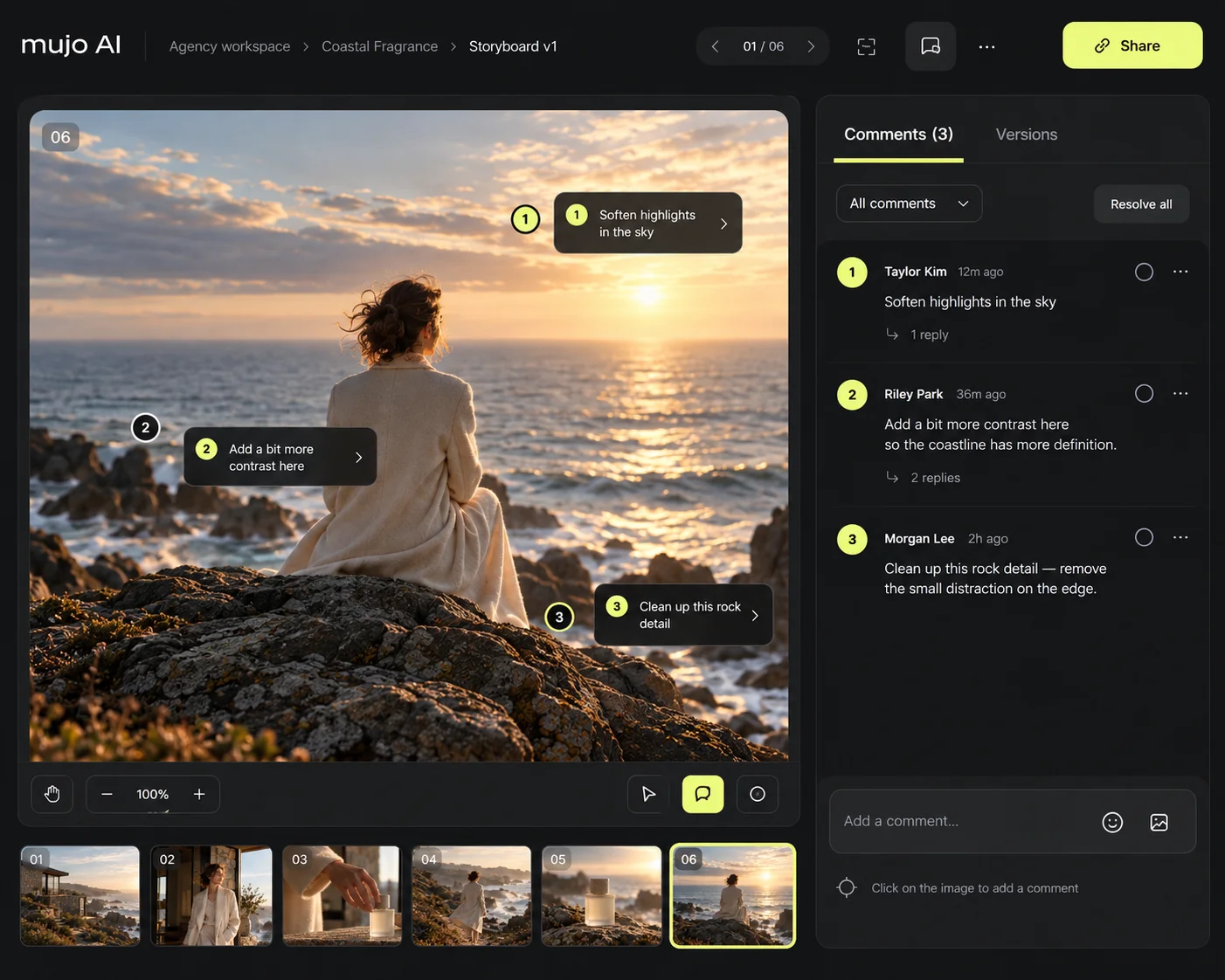 Comments and review on a storyboard in Mujo