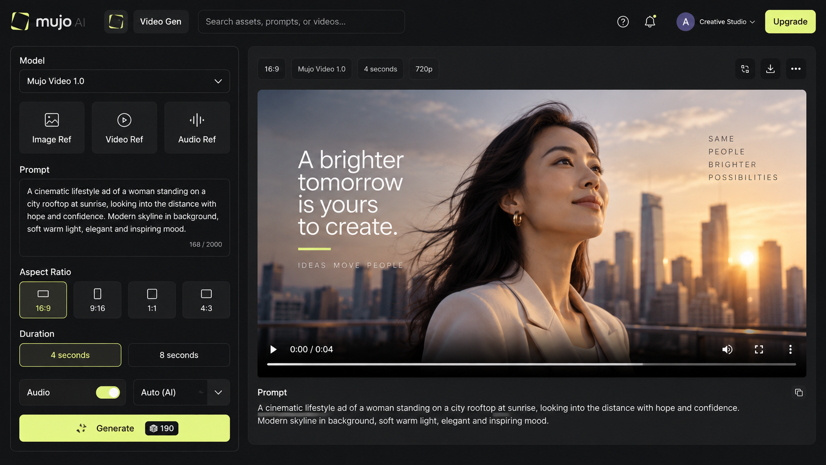 Mujo video generator with image and video references, model selector, aspect ratio and duration