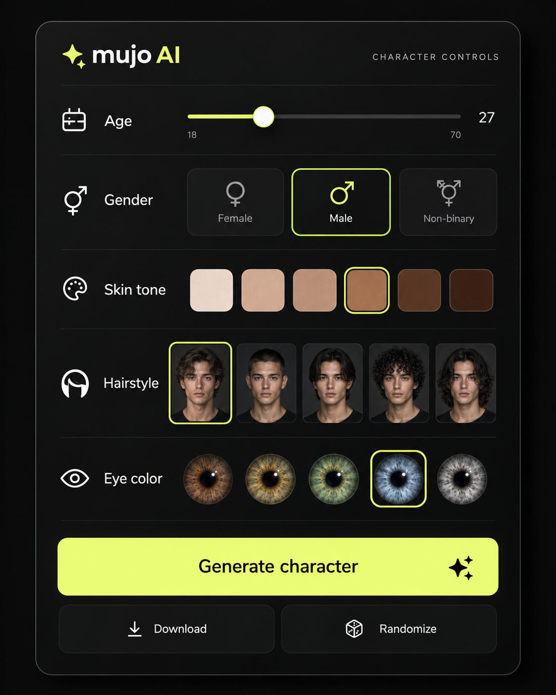 Character builder with age, gender, skin tone, face and eye colour settings