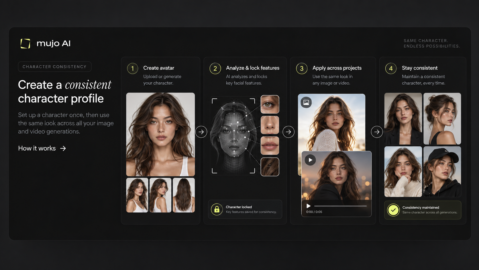 One saved AI avatar producing multiple looks, then used as a reference for a generated video