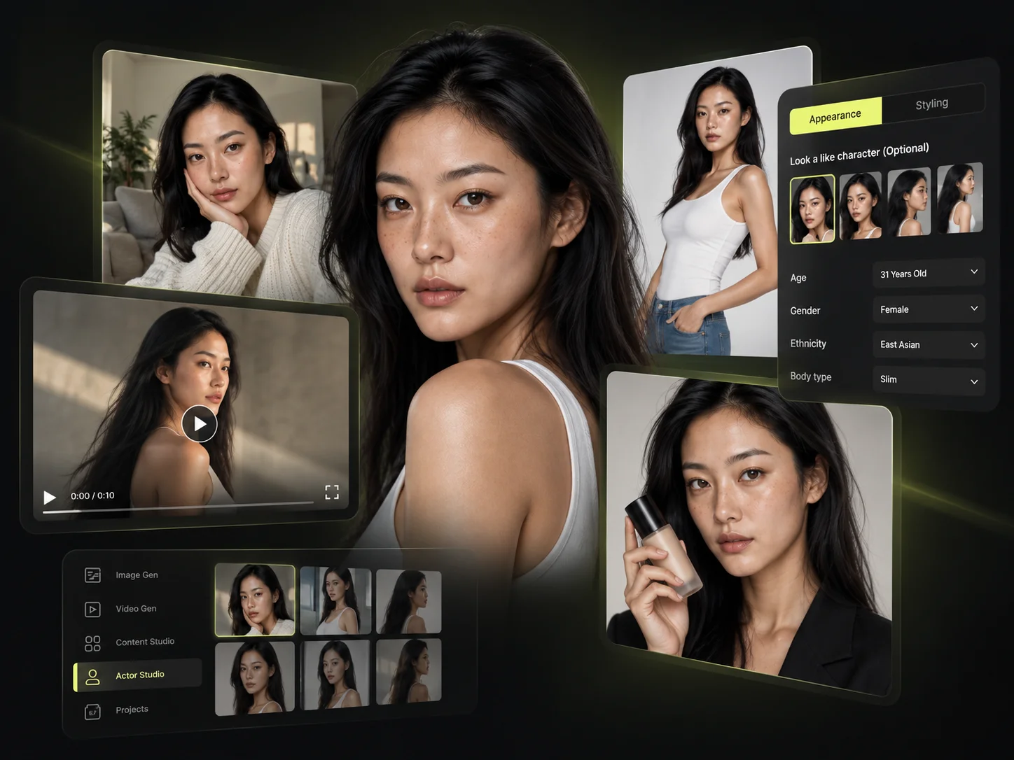 One AI character shown across editorial, UGC, product and video formats next to the Actor Studio interface