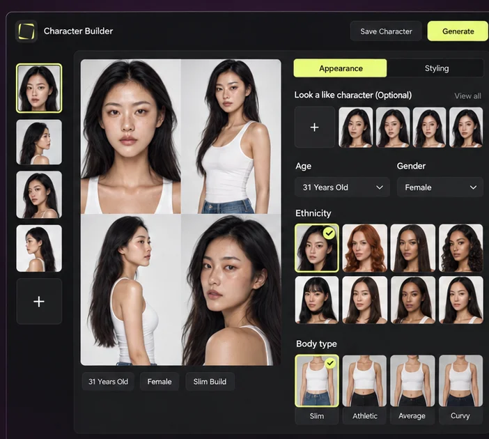 Actor Studio appearance panel with gender, age group, ethnicity and face options next to the generated character