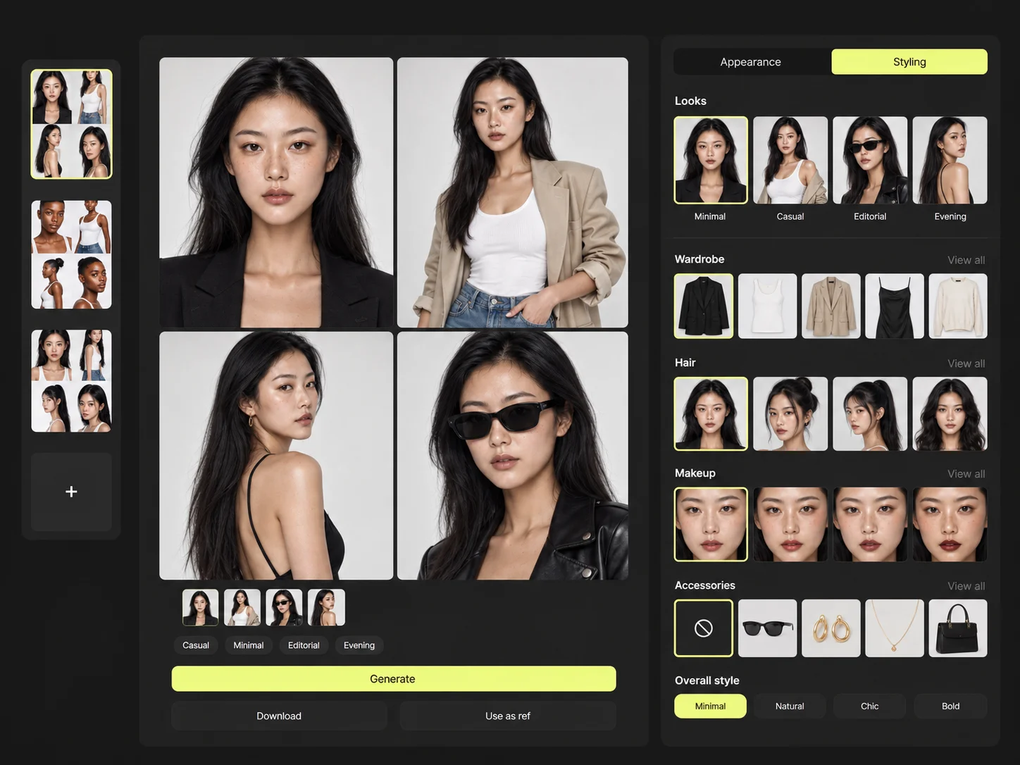 One AI character shown in seven different styling looks from natural to editorial