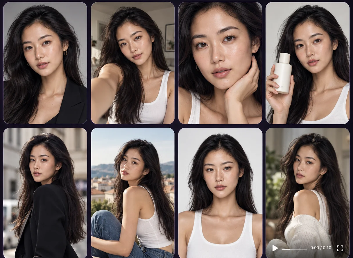 The same AI character shown across six different scenes, outfits and lighting setups