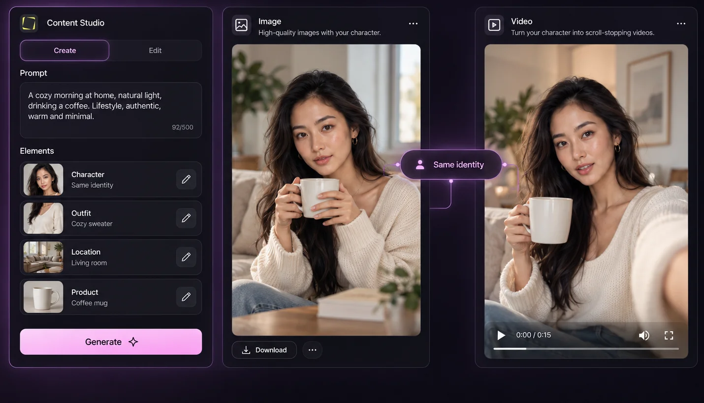 The same AI character used in a set of images and in a generated video clip