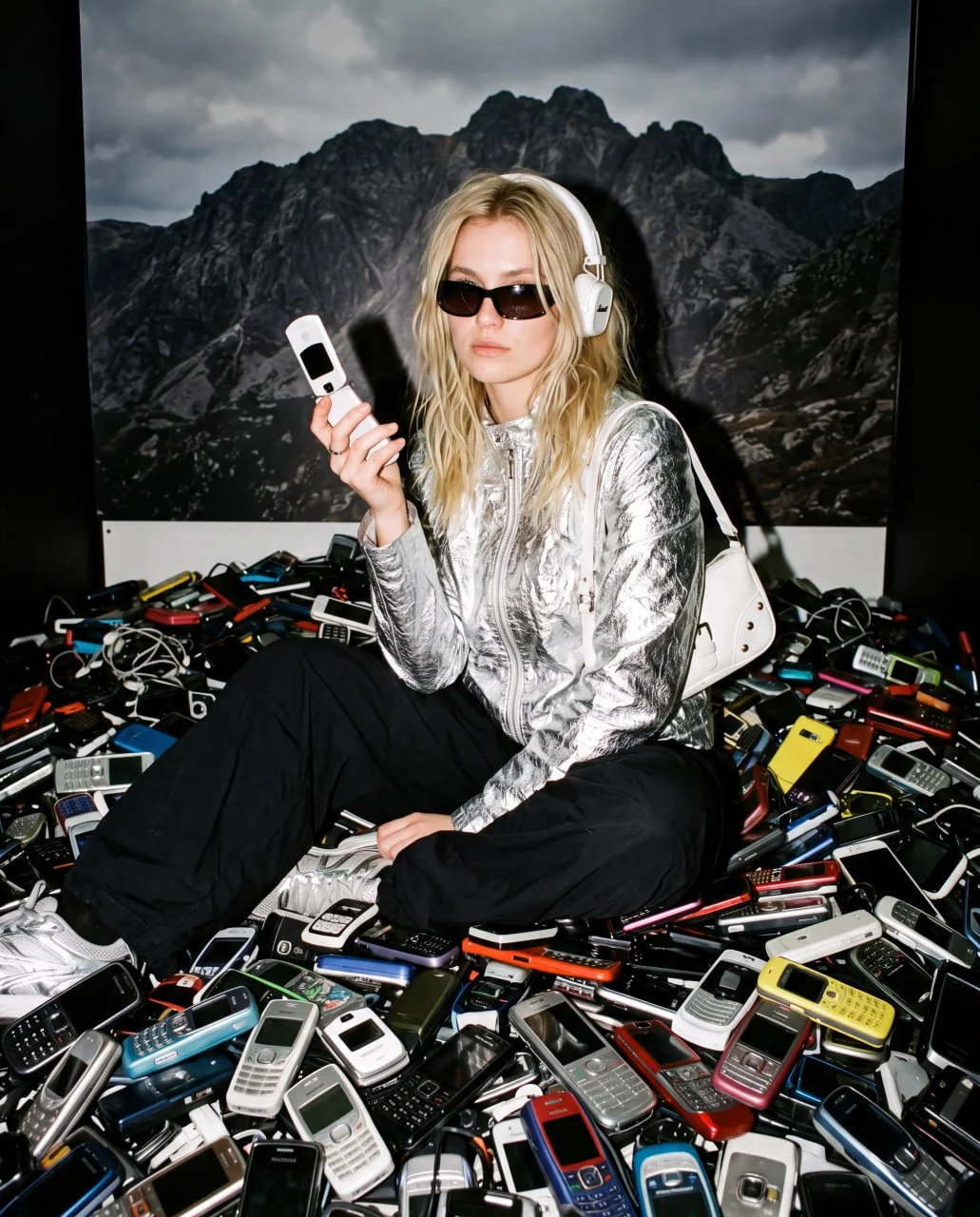 Nano Banana 2.0 Y2K fashion image: a blonde model in a metallic jacket and headphones holds an open retro flip phone near her face while sitting among mobile phones