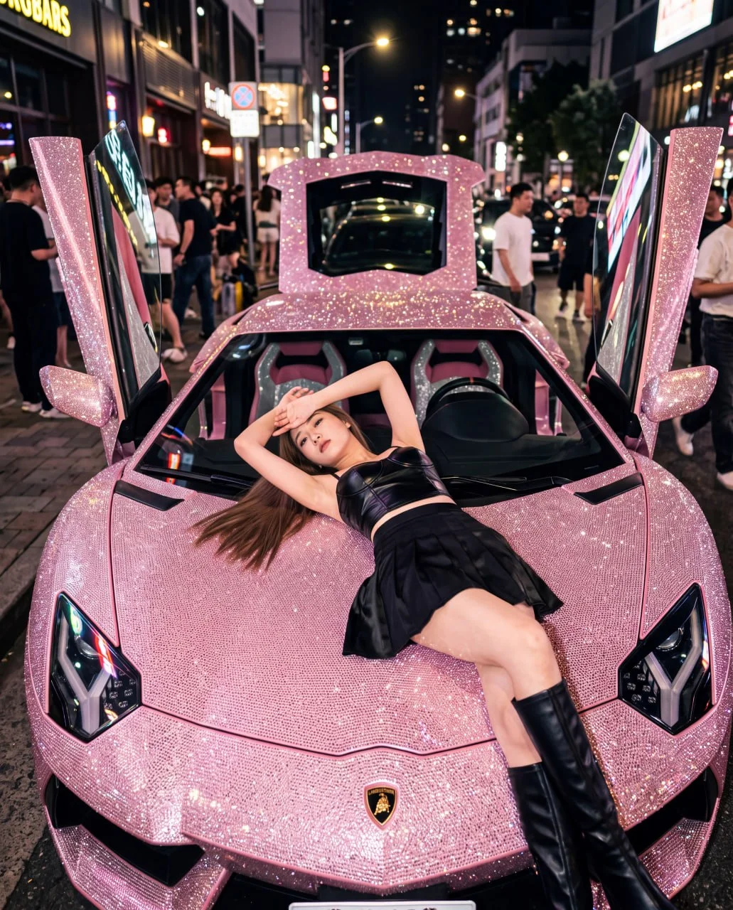 Nano Banana 2.0 automotive lifestyle image: a woman reclines on a sparkling pink supercar with both doors raised, surrounded by a busy nighttime city street