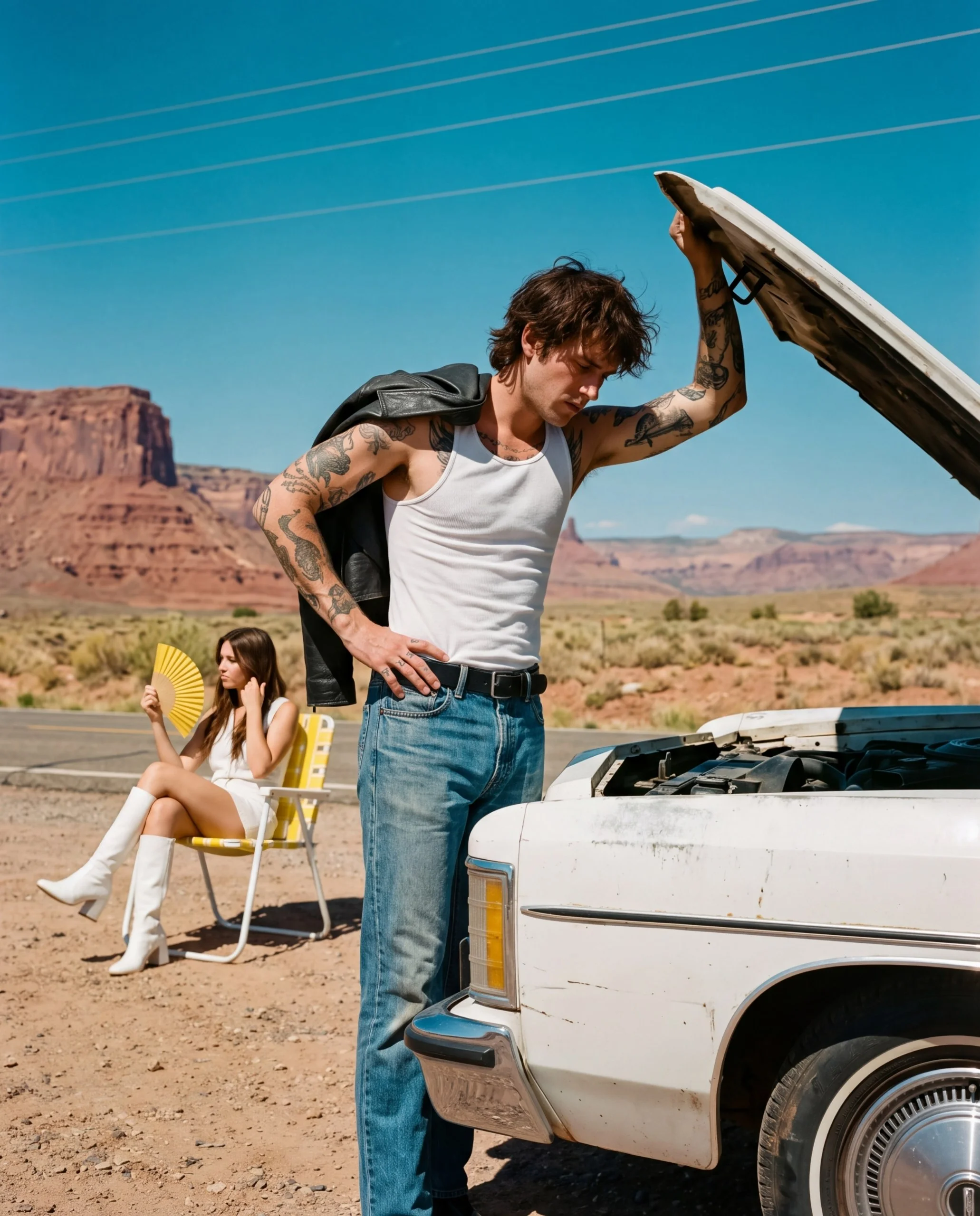 Nano Banana 2.0 desert fashion photograph: tattooed male model in a white tank top beside an open white car hood, with a seated woman behind him