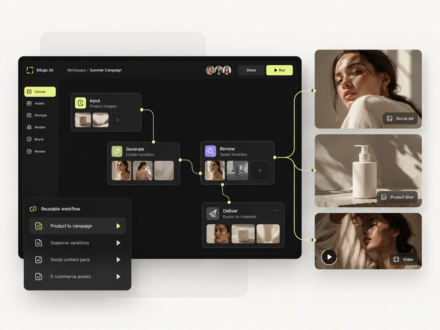 A campaign workflow laid out as connected steps on a canvas in Mujo