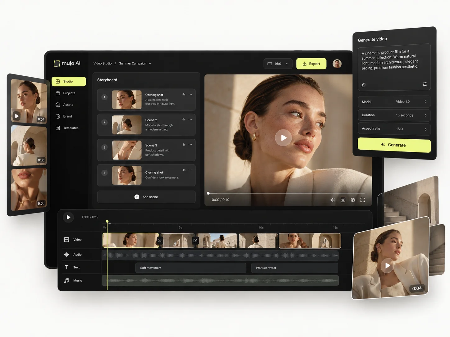 A cinematic video being produced in the Mujo video workspace