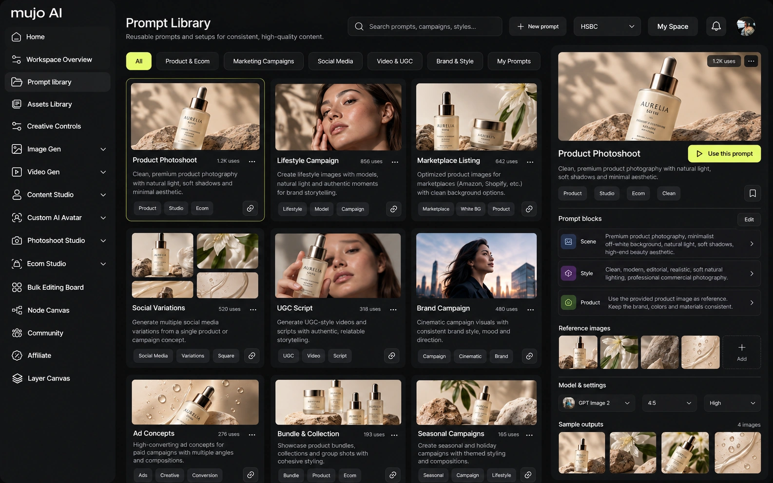 The Mujo Prompt Library holding reusable prompts and saved setups