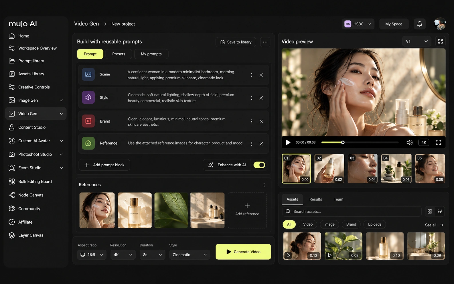 A storyboard feeding video generation inside the Mujo video workspace
