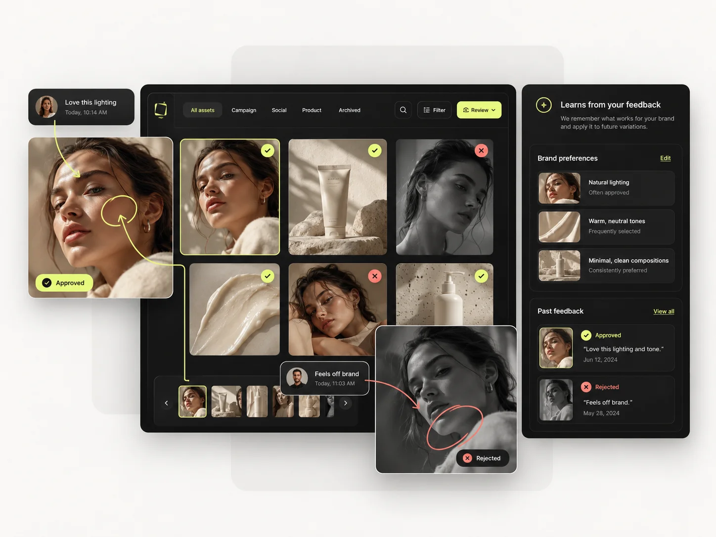 A review and approval panel with creative feedback in Mujo
