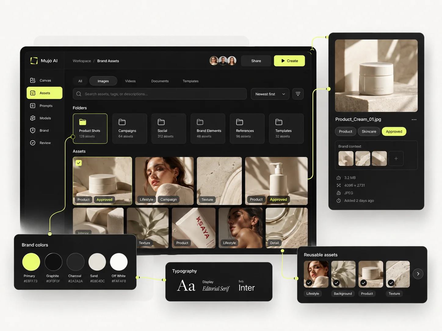 A brand asset hub holding approved creative assets in Mujo