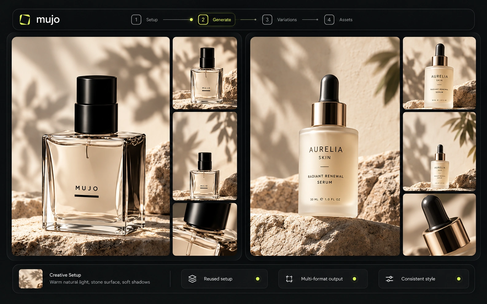 One approved creative direction reproduced across two different product campaigns in Mujo