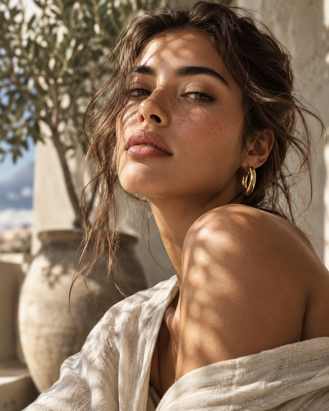 Fashion editorial portrait in warm afternoon sunlight