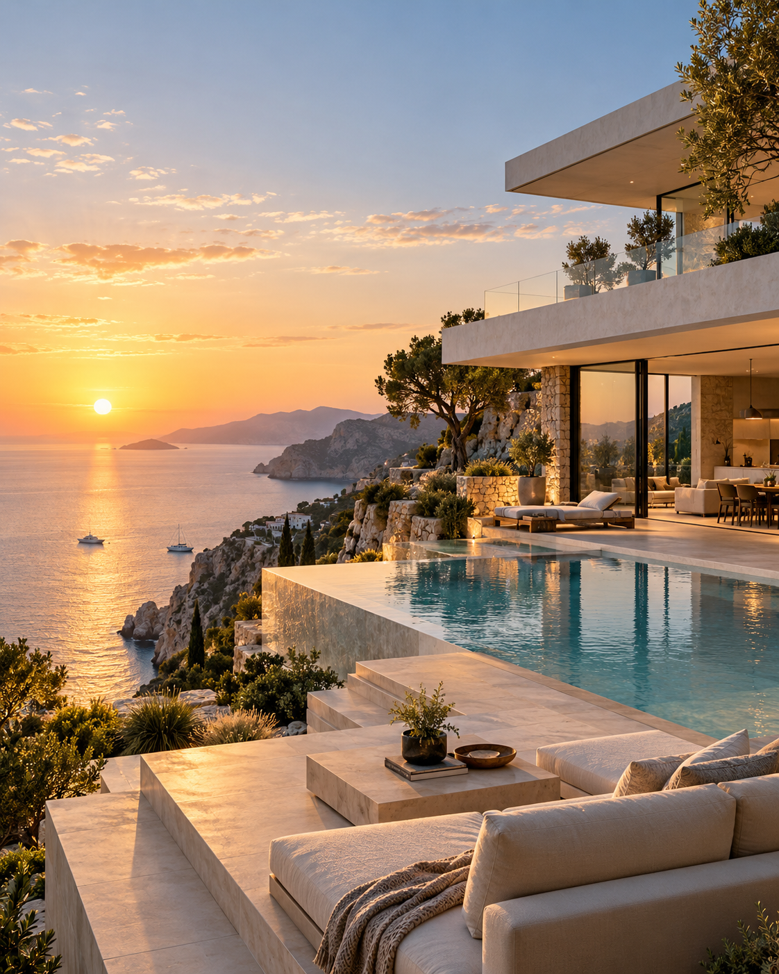 Seaside villa photographed at sunset for a real estate campaign
