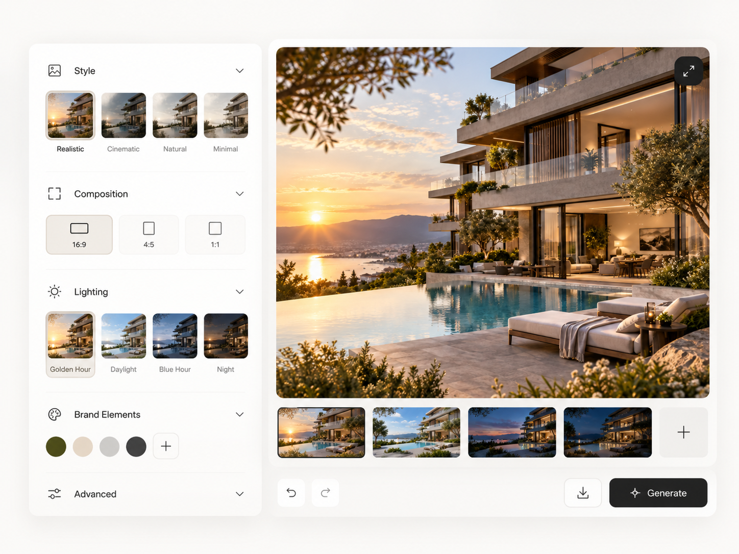 Illustrative concept of a creative controls panel for style, composition and lighting
