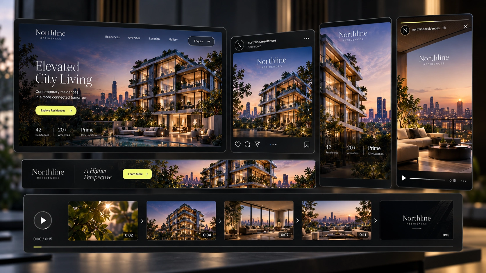 Illustrative multi-format campaign showing static advertisements, display layouts and video storyboards.